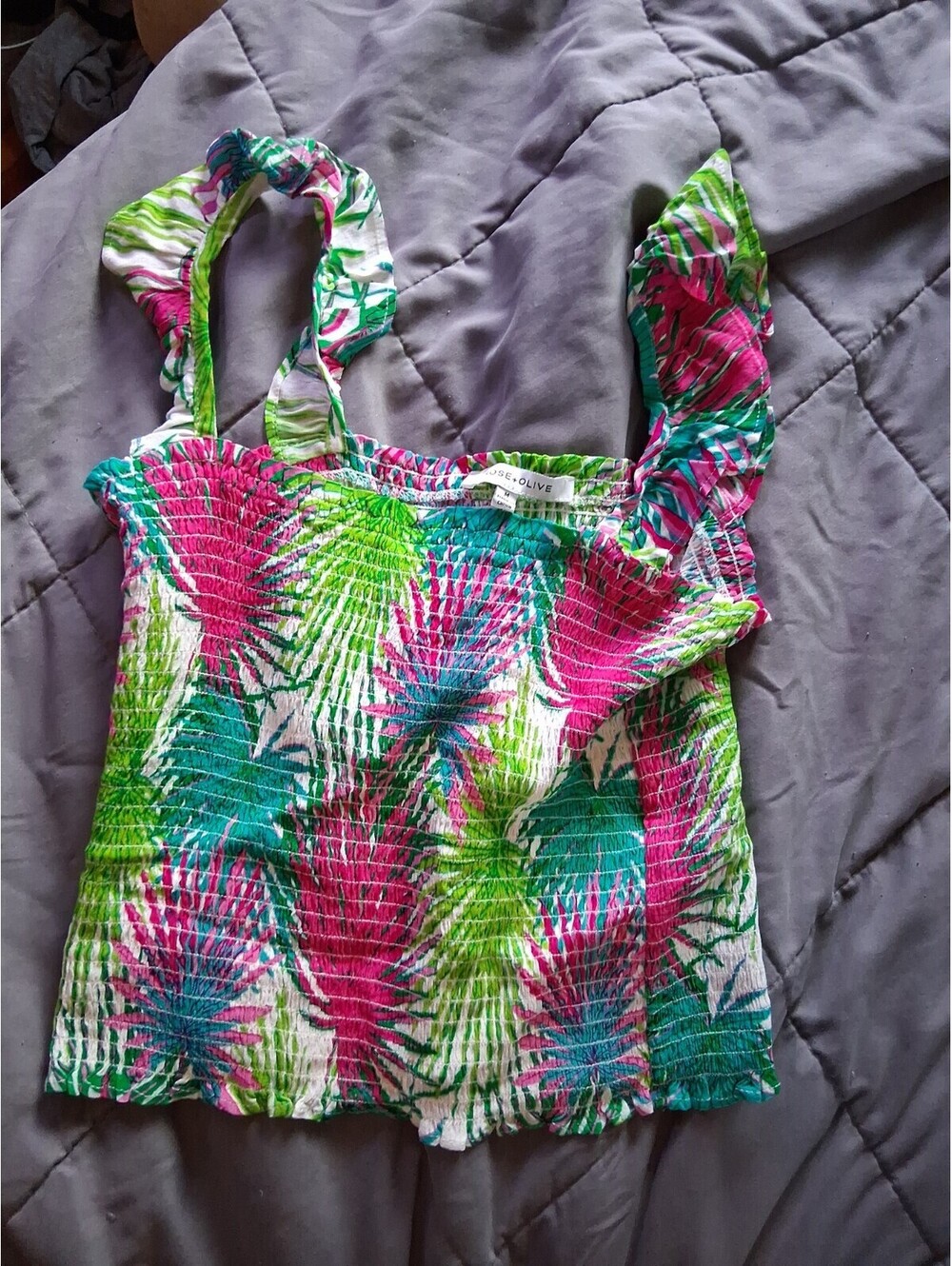 Rose Olive Tropical Palm Leaf Print Ruffle Strap Tank Top Women's Medium E2